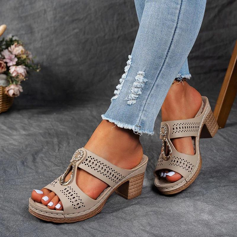 Women’s Blue Block Heel Slide Sandals – Cutout Open Toe Comfort Sandals for Summer Casual Vacation