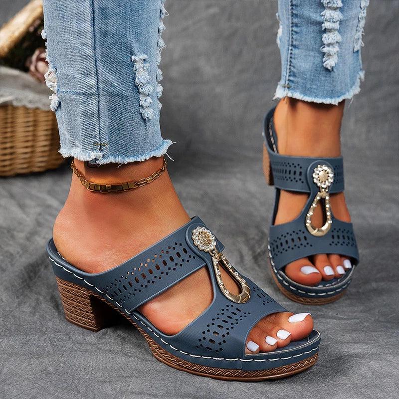 Women’s Blue Block Heel Slide Sandals – Cutout Open Toe Comfort Sandals for Summer Casual Vacation