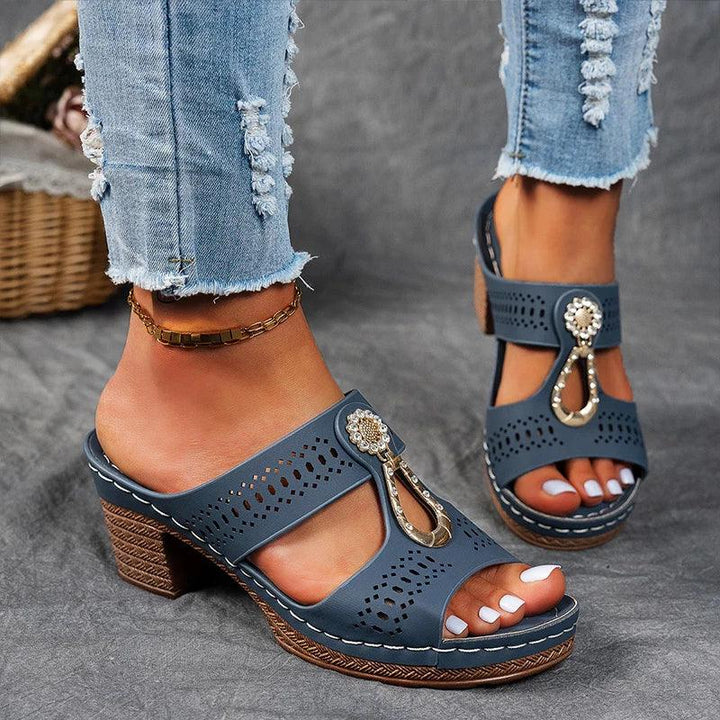 Women’s Blue Block Heel Slide Sandals – Cutout Open Toe Comfort Sandals for Summer Casual Vacation