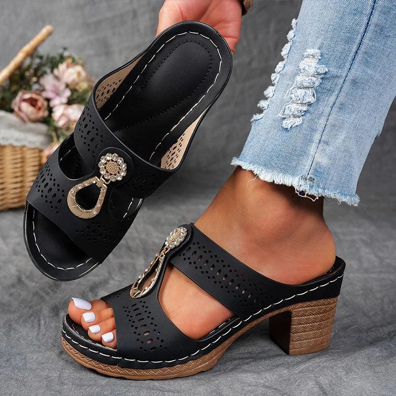 Women’s Blue Block Heel Slide Sandals – Cutout Open Toe Comfort Sandals for Summer Casual Vacation