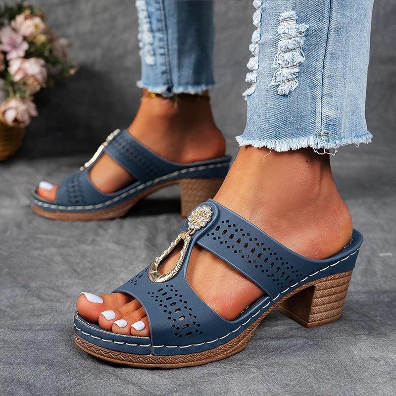 Women’s Blue Block Heel Slide Sandals – Cutout Open Toe Comfort Sandals for Summer Casual Vacation