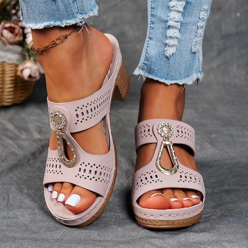 Women’s Blue Block Heel Slide Sandals – Cutout Open Toe Comfort Sandals for Summer Casual Vacation