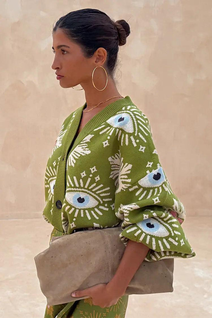 Women's Eye Print V Neck Knit Cardigan and Midi Skirt Set