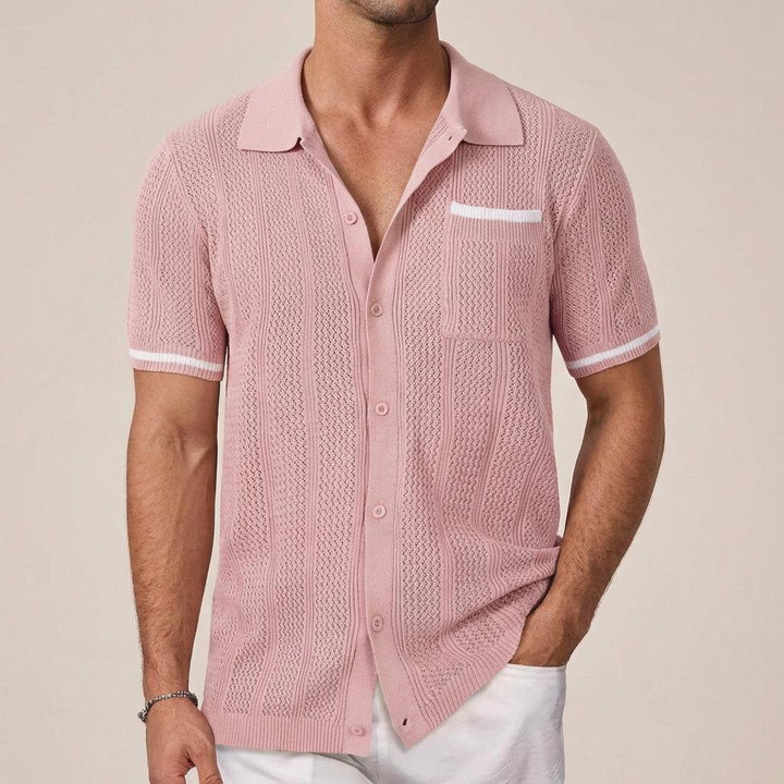 Men's Short-Sleeve Openwork Shirt - Casual Summer Camp Collar Button-Front Shirt with Contrast Tips