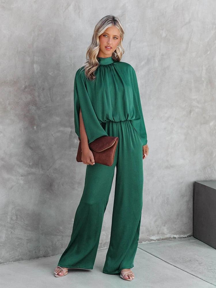 Women's Jumpsuit - Mock Neck Split Cape Sleeve Elasticated Waist Wide Leg