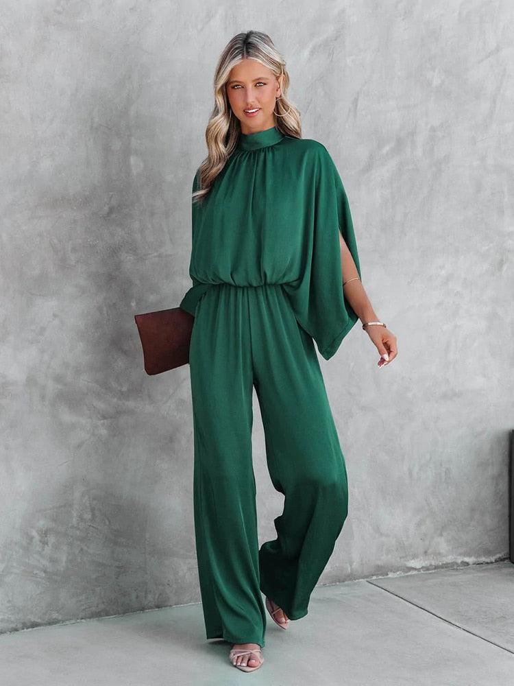 Women's Jumpsuit - Mock Neck Split Cape Sleeve Elasticated Waist Wide Leg