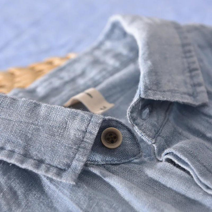 Men's Linen Short-Sleeve Shirt - Relaxed Collar and Curved Hem