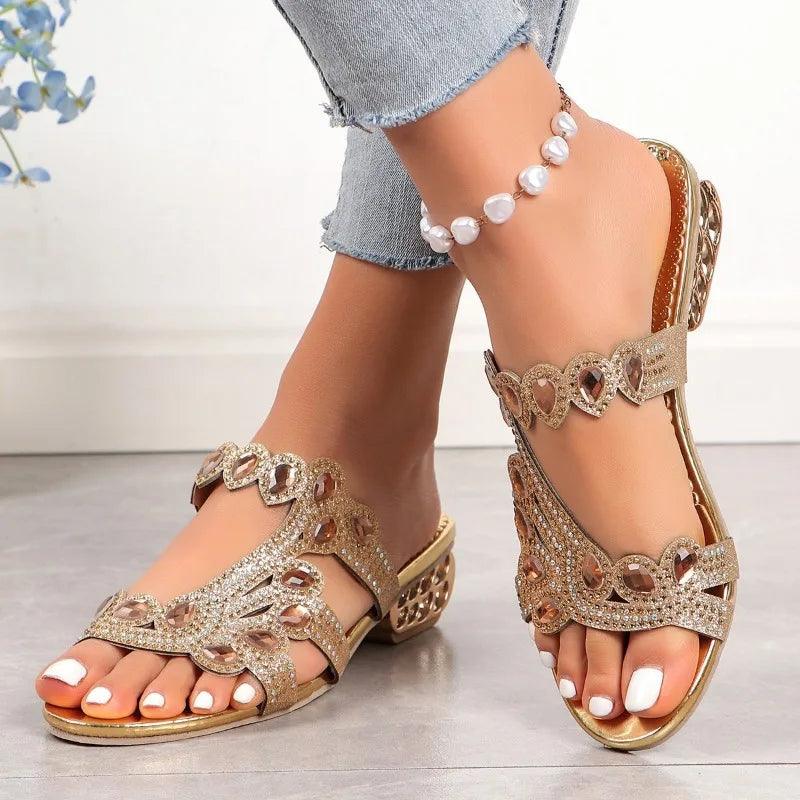 Linda | Women's Gold Sandals | Sparkly Sandals with Low Wedge Heel