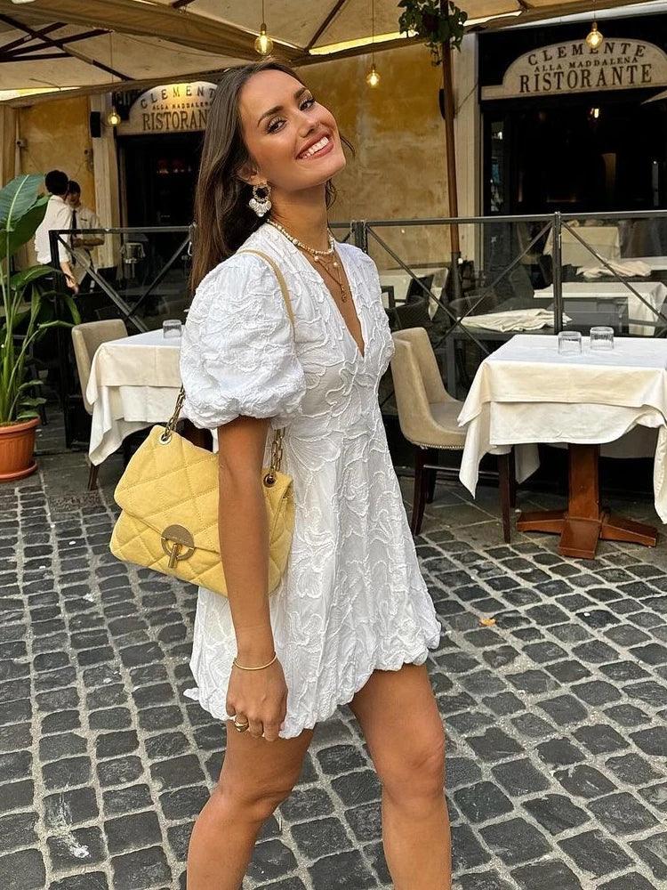 Women's Embroidered Puff Sleeve Mini Dress - Deep V-Neck and Scallop Hem