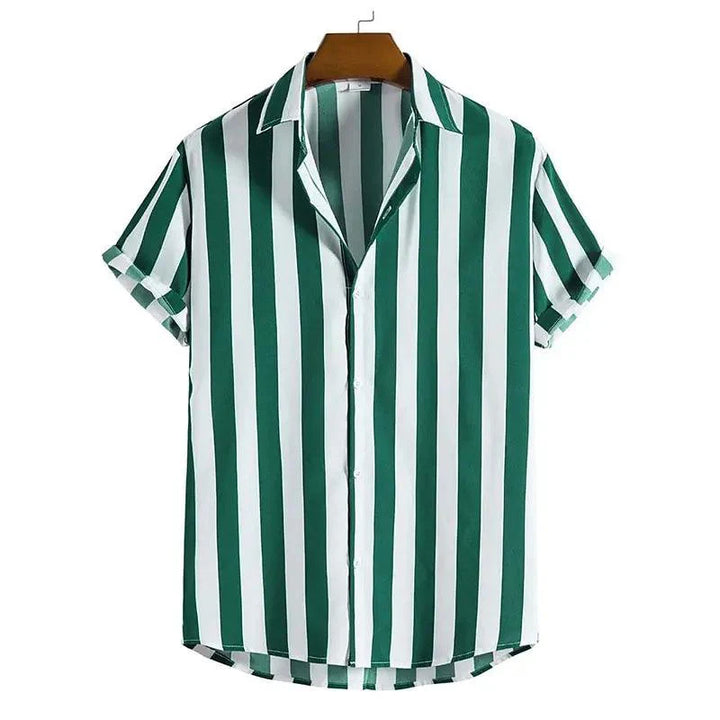 Men’s Short Sleeve Button-Up Shirt with Vertical Stripe Pattern