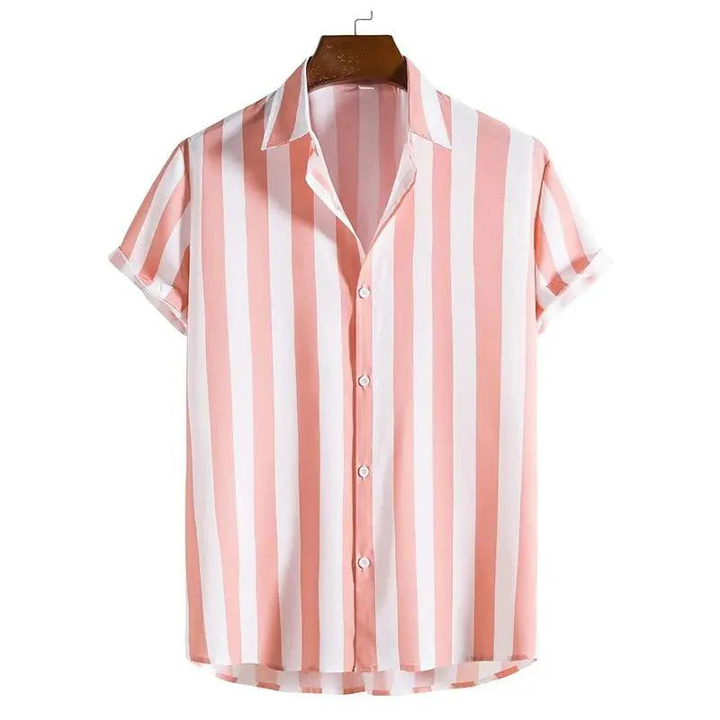 Men’s Short Sleeve Button-Up Shirt with Vertical Stripe Pattern
