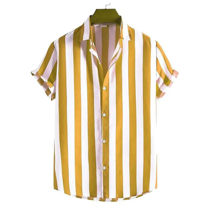 Men’s Short Sleeve Button-Up Shirt with Vertical Stripe Pattern