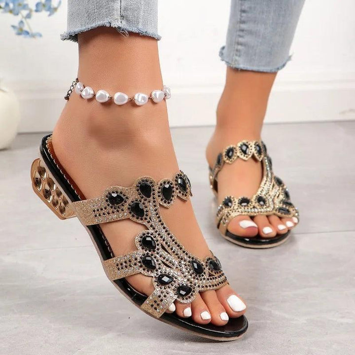 Linda | Women's Gold Sandals | Sparkly Sandals with Low Wedge Heel
