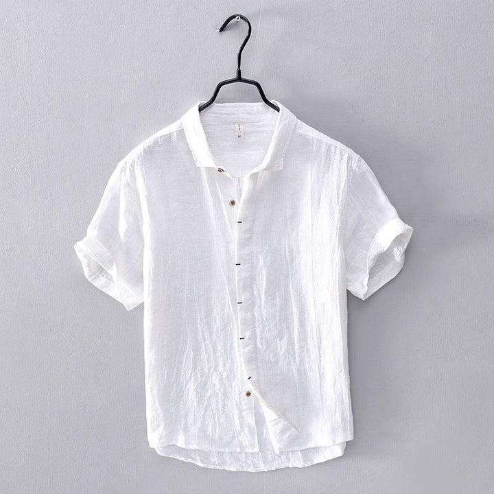 Men's Linen Short-Sleeve Shirt - Relaxed Collar and Curved Hem