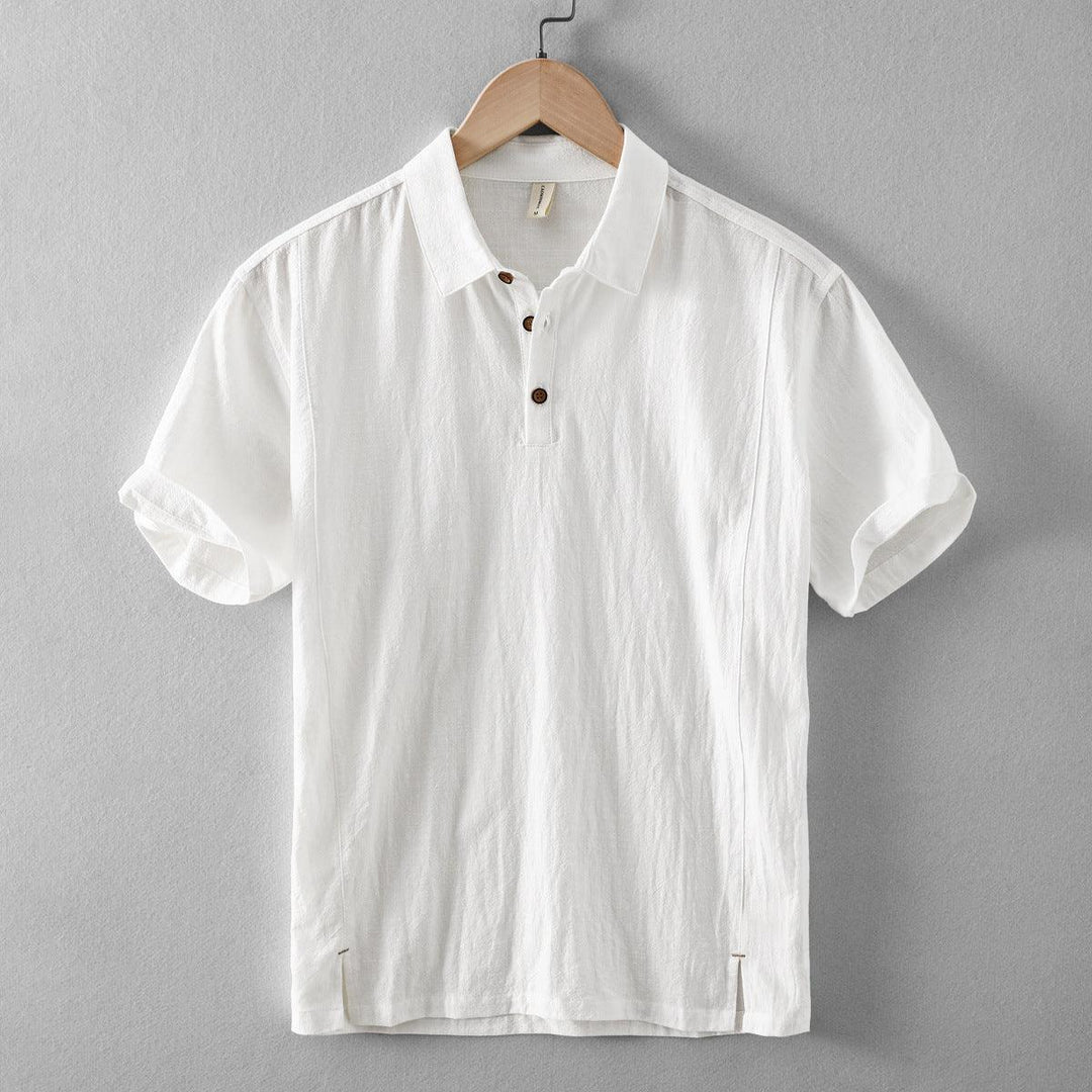 Men's Short-Sleeve Linen Blend Pull-On Shirt - Casual Summer Point Collar Two-Button Top