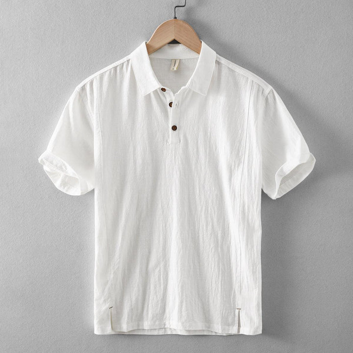 Men's Short-Sleeve Linen Blend Pull-On Shirt - Casual Summer Point Collar Two-Button Top