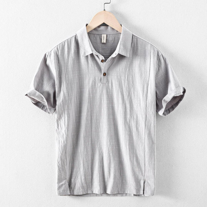 Men's Short-Sleeve Linen Blend Pull-On Shirt - Casual Summer Point Collar Two-Button Top