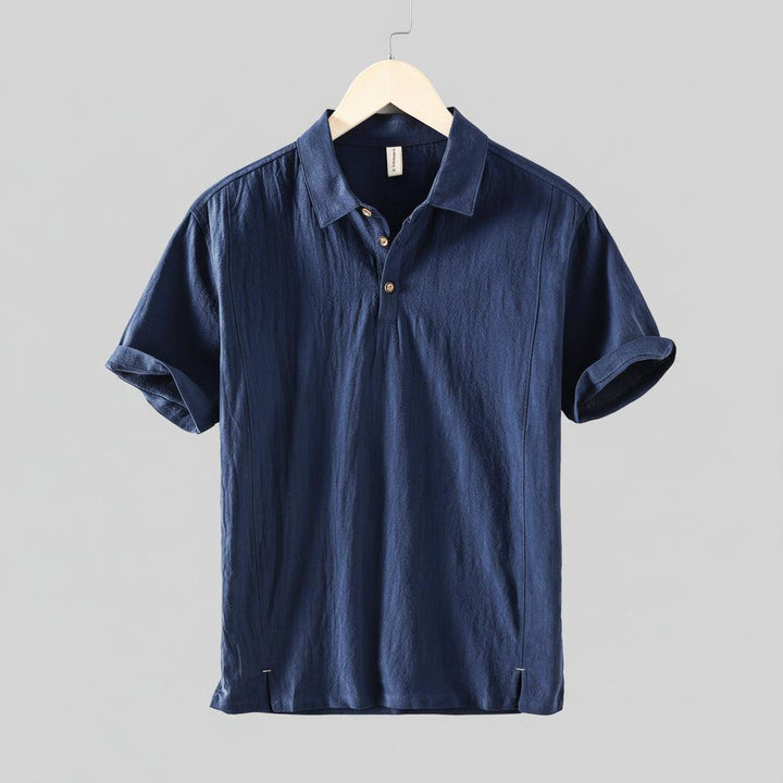 Men's Short-Sleeve Linen Blend Pull-On Shirt - Casual Summer Point Collar Two-Button Top