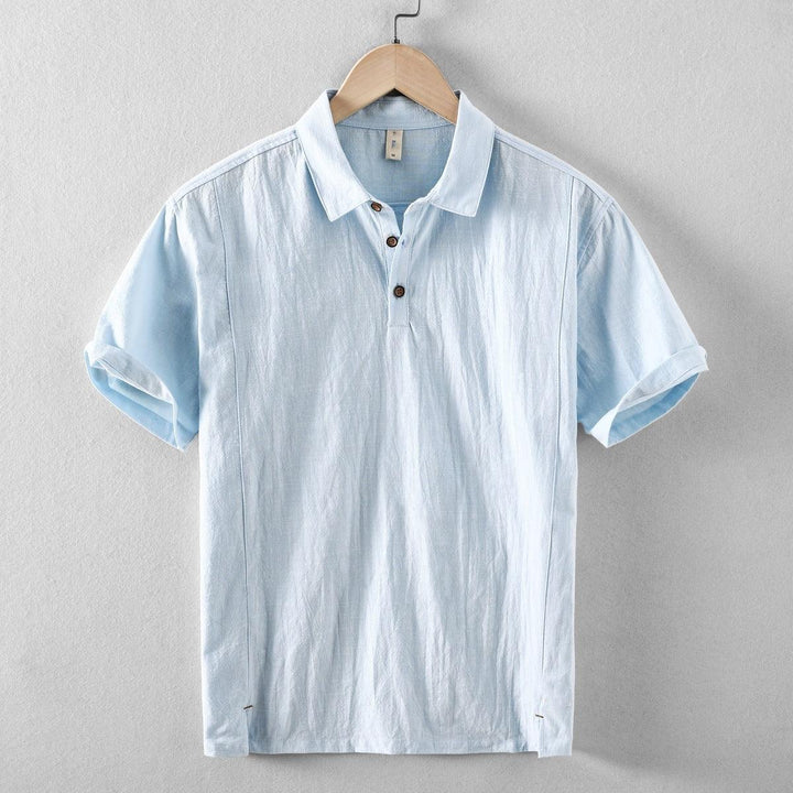 Men's Short-Sleeve Linen Blend Pull-On Shirt - Casual Summer Point Collar Two-Button Top
