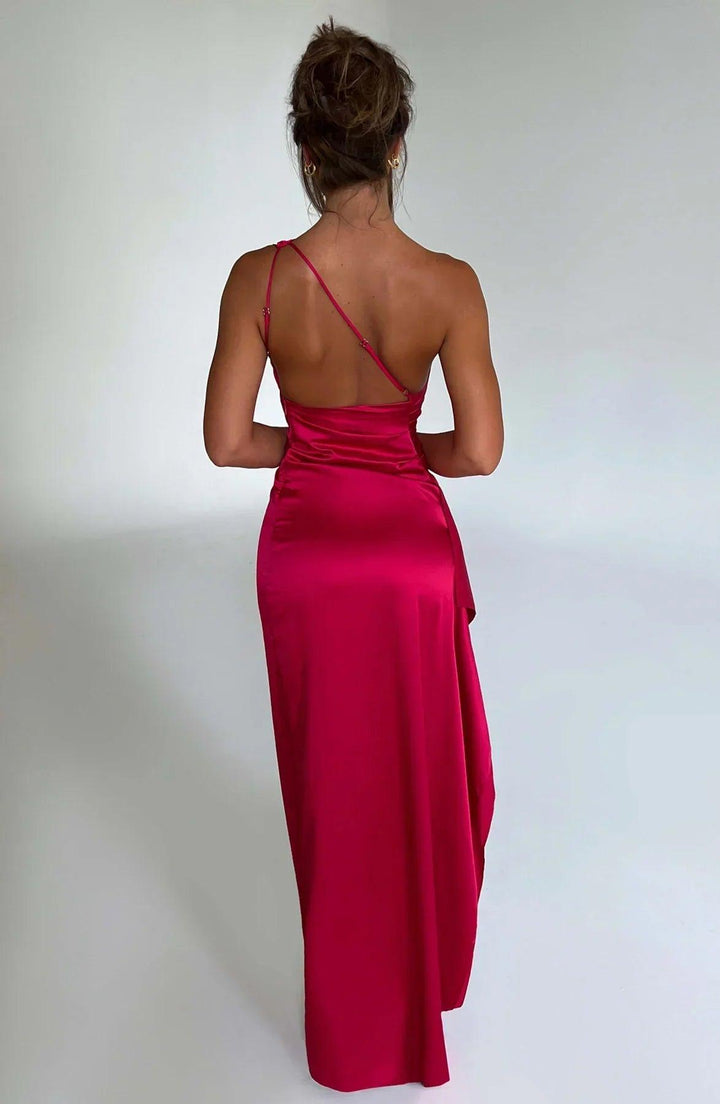 Satin One Shoulder Evening Maxi Dress With Slit