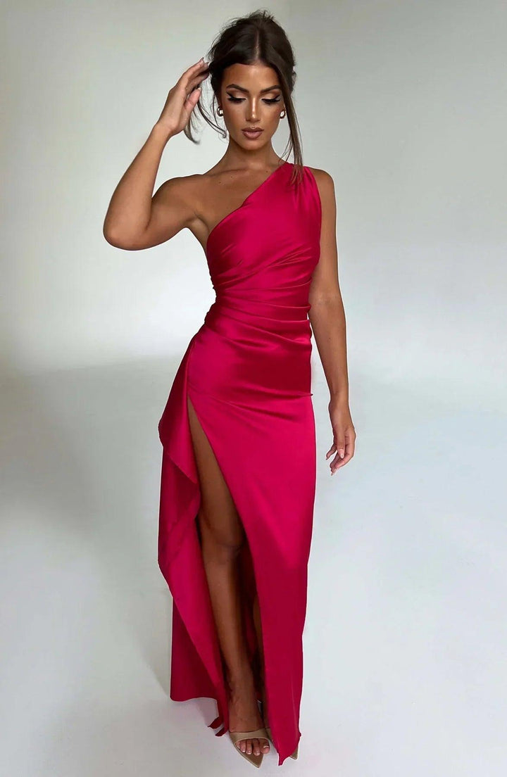 Satin One Shoulder Evening Maxi Dress With Slit