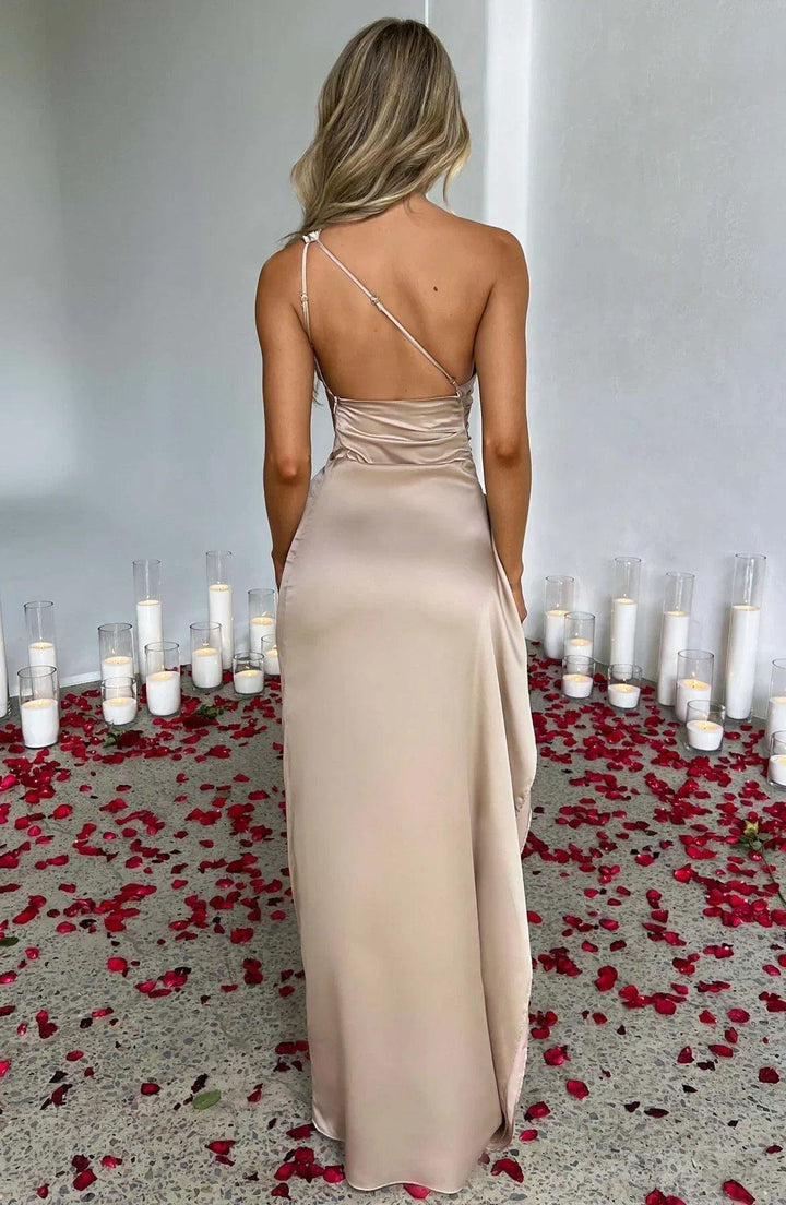 Satin One Shoulder Evening Maxi Dress With Slit