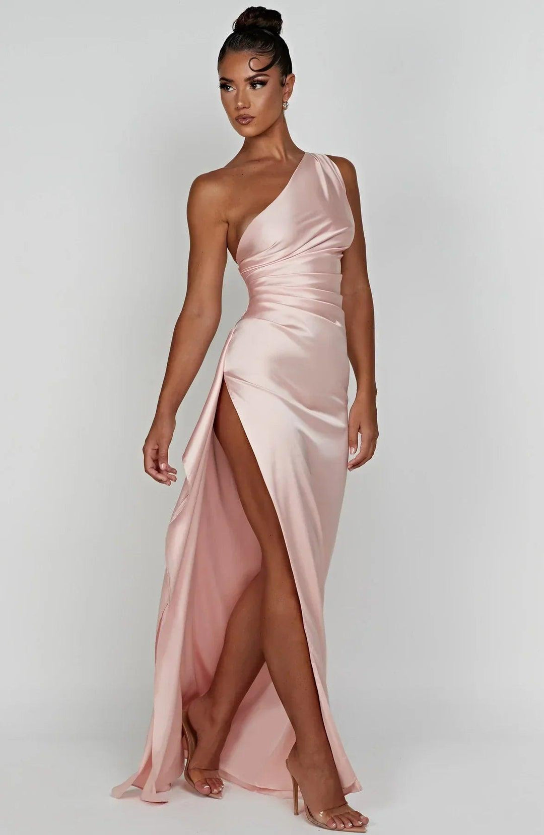 Satin One Shoulder Evening Maxi Dress With Slit