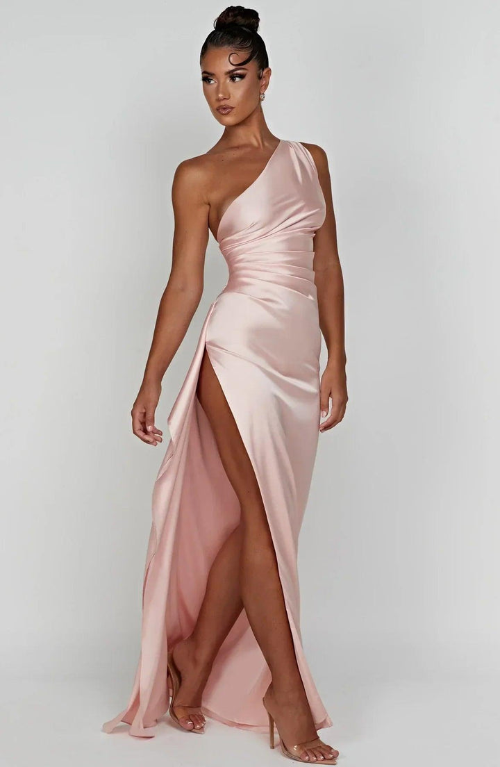 Satin One Shoulder Evening Maxi Dress With Slit