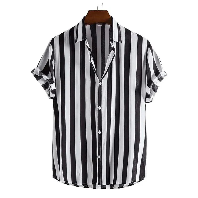 Men’s Short Sleeve Button-Up Shirt with Vertical Stripe Pattern