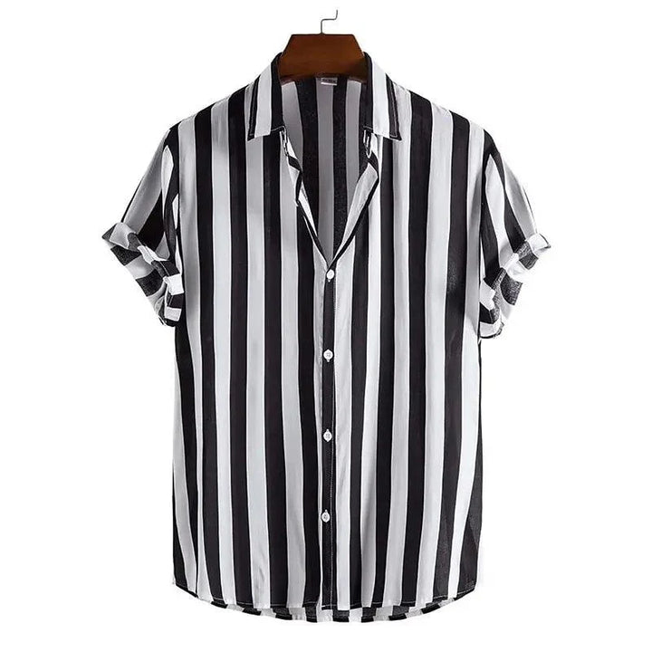 Men’s Short Sleeve Button-Up Shirt with Vertical Stripe Pattern