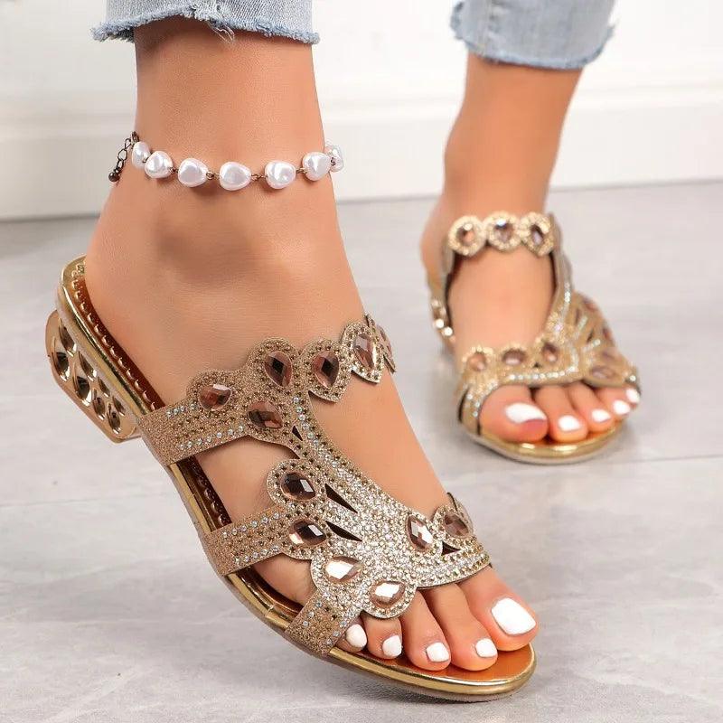 Linda | Women's Gold Sandals | Sparkly Sandals with Low Wedge Heel