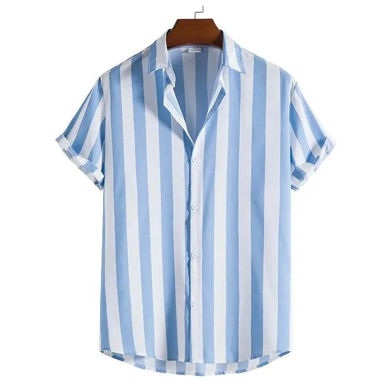 Men’s Short Sleeve Button-Up Shirt with Vertical Stripe Pattern