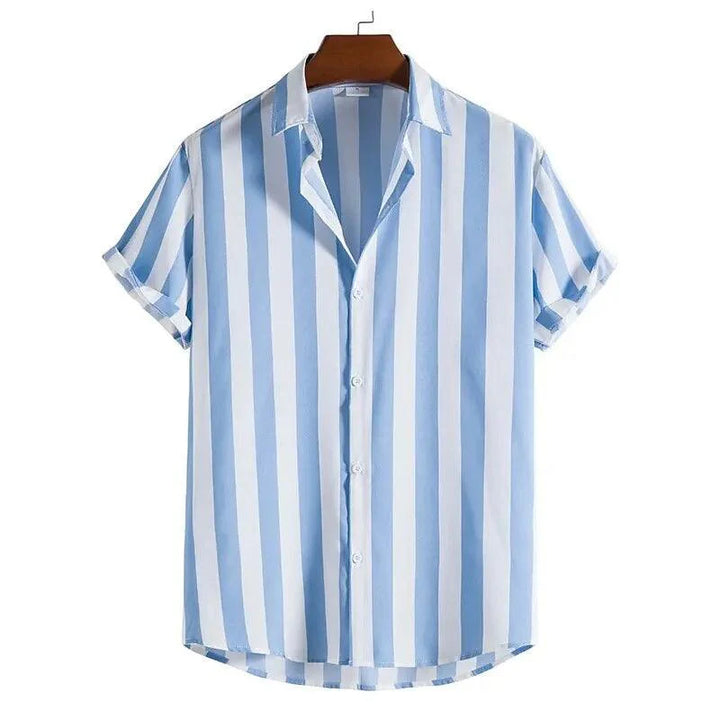 Men’s Short Sleeve Button-Up Shirt with Vertical Stripe Pattern