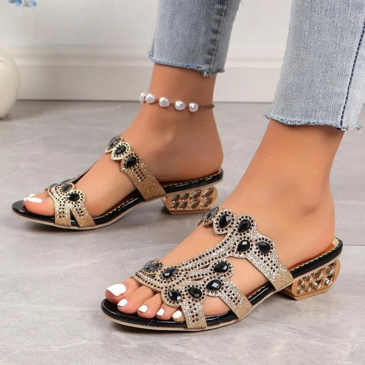 Linda | Women's Gold Sandals | Sparkly Sandals with Low Wedge Heel