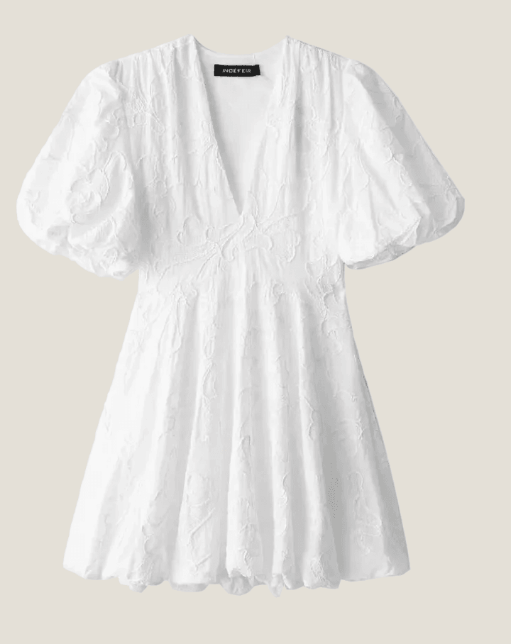 Women's Embroidered Puff Sleeve Mini Dress - Deep V-Neck and Scallop Hem