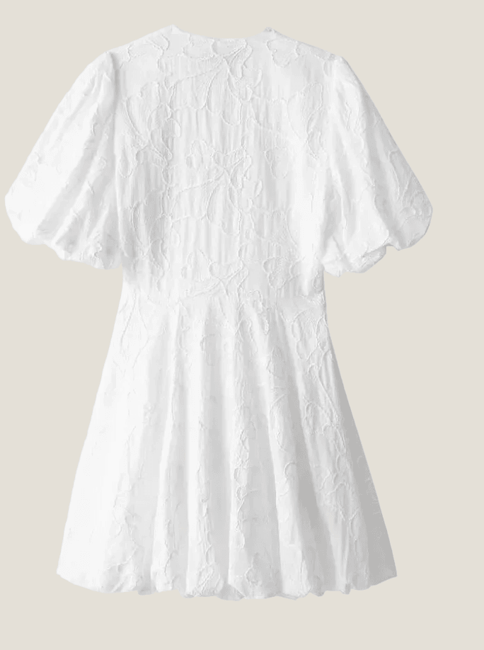 Women's Embroidered Puff Sleeve Mini Dress - Deep V-Neck and Scallop Hem
