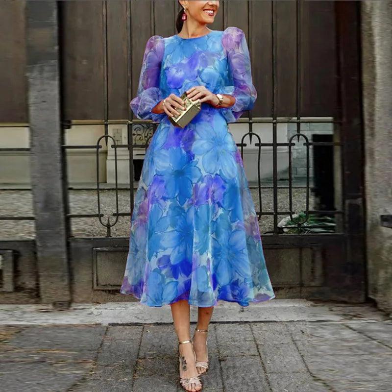 Women's Floral Midi Dress - Long Sleeve Round Neck A-Line