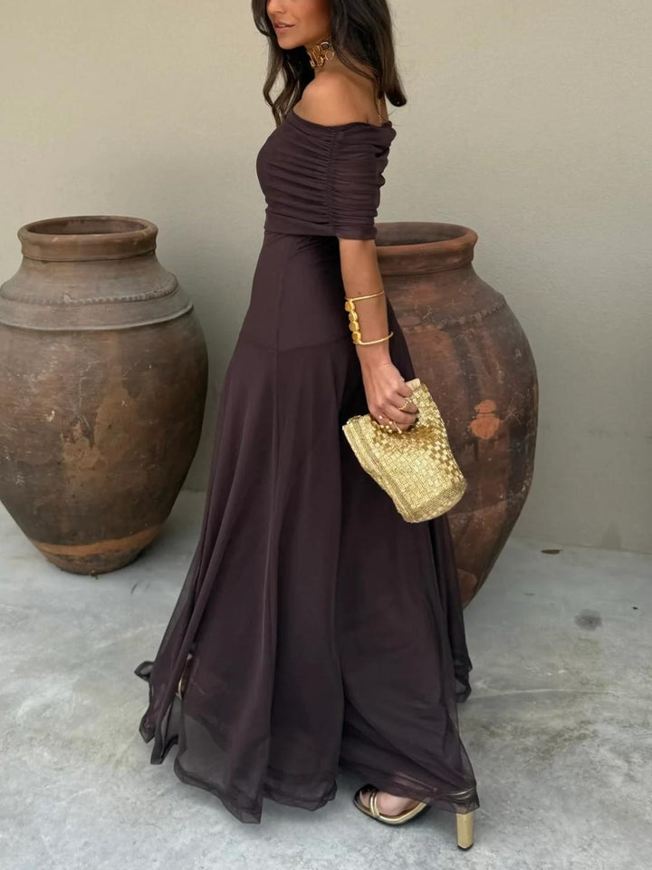 Tara | Women’s Stylish Maxi Wedding Guest Dress with Mesh Overlay