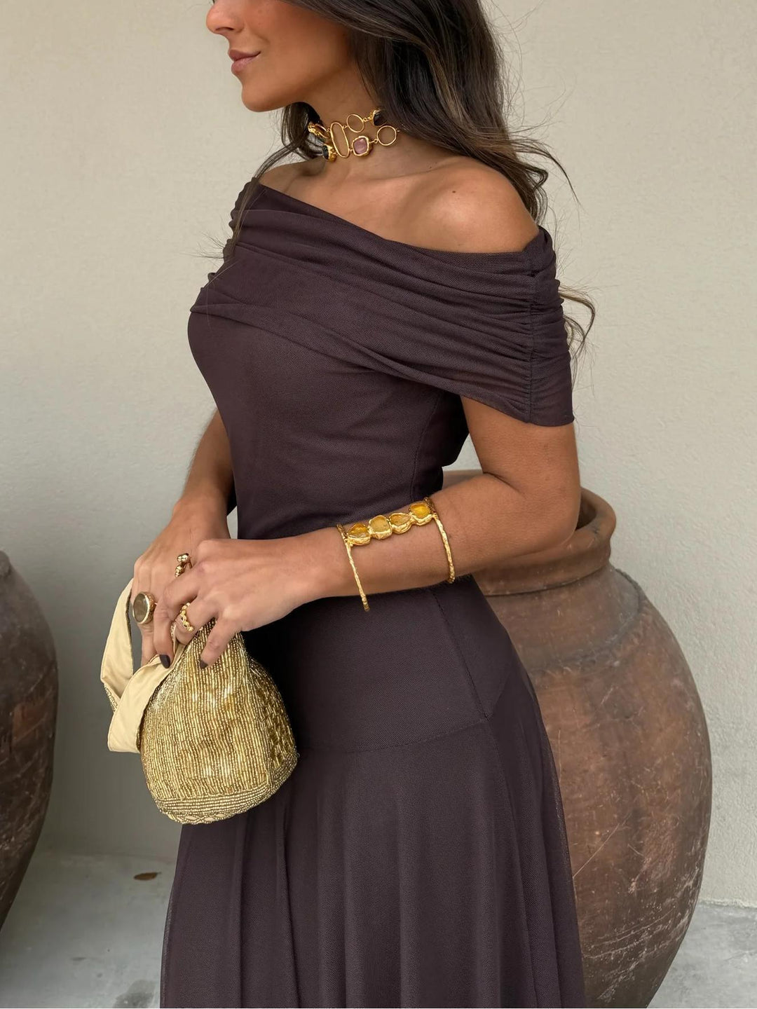Tara | Women’s Stylish Maxi Wedding Guest Dress with Mesh Overlay