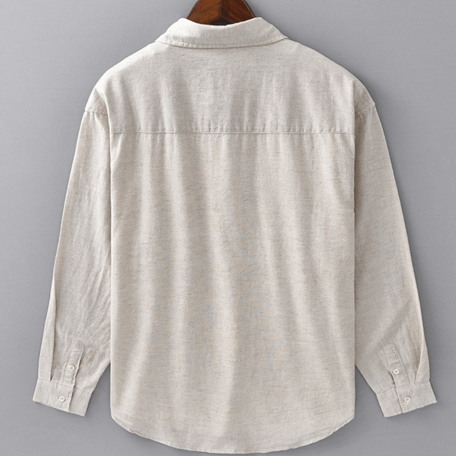 Men's Long-Sleeve Linen Blend Shirt - Point Collar Button-Down Chest Pocket Casual Style