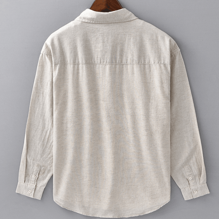 Men's Long-Sleeve Linen Blend Shirt - Point Collar Button-Down Chest Pocket Casual Style