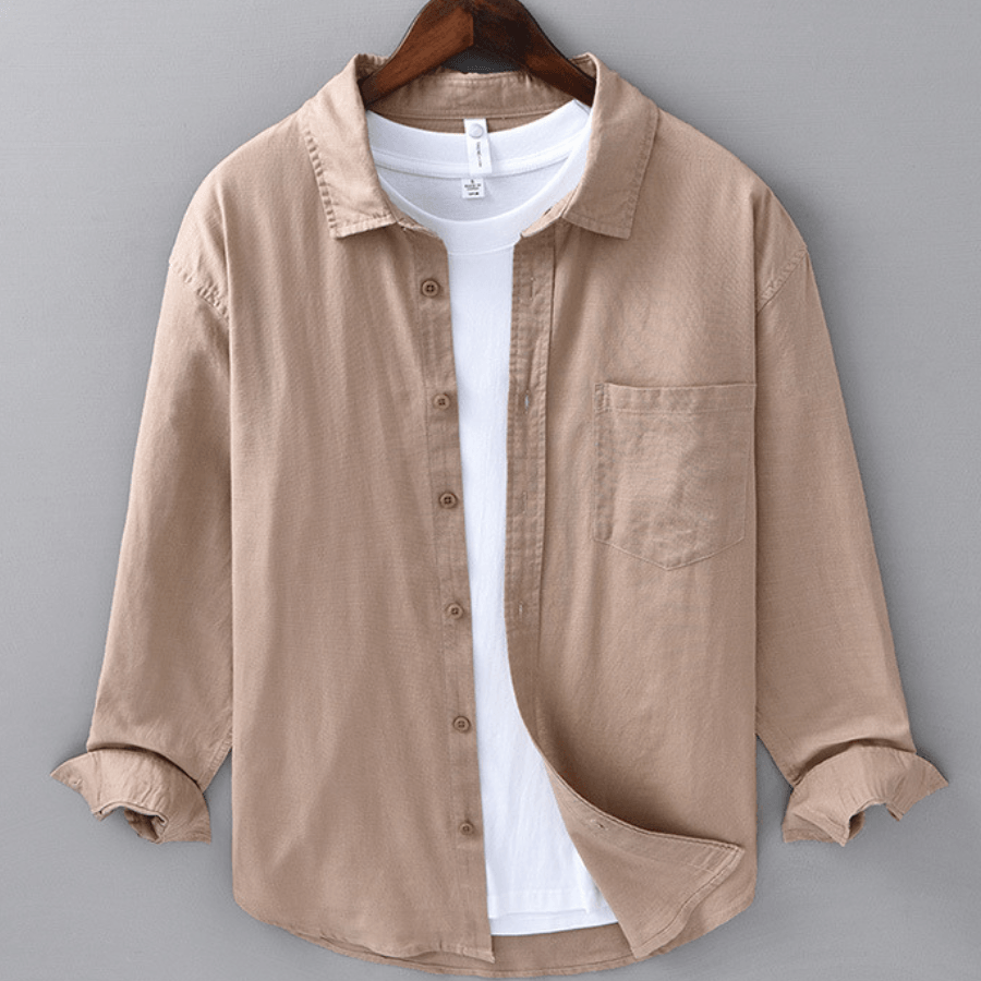 Men's Long-Sleeve Linen Blend Shirt - Point Collar Button-Down Chest Pocket Casual Style