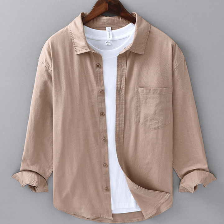 Men's Long-Sleeve Linen Blend Shirt - Point Collar Button-Down Chest Pocket Casual Style