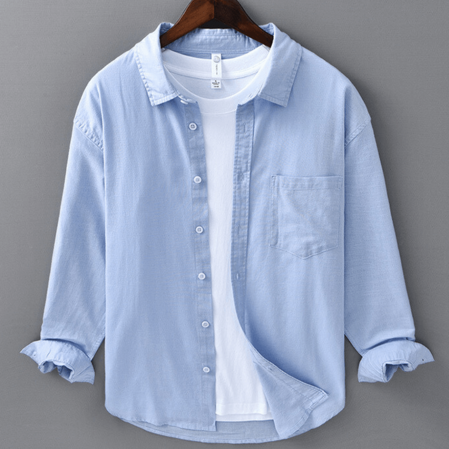 Men's Long-Sleeve Linen Blend Shirt - Point Collar Button-Down Chest Pocket Casual Style