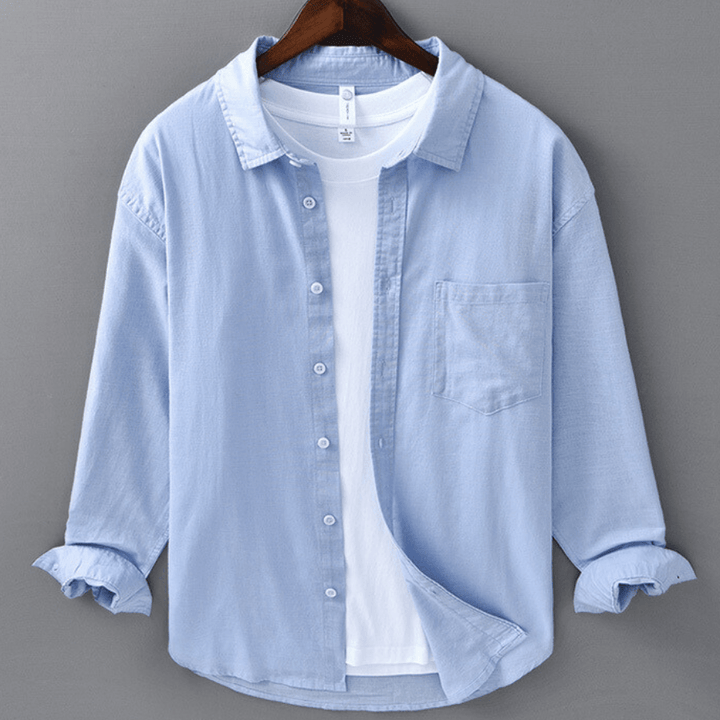 Men's Long-Sleeve Linen Blend Shirt - Point Collar Button-Down Chest Pocket Casual Style