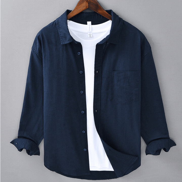Men's Long-Sleeve Linen Blend Shirt - Point Collar Button-Down Chest Pocket Casual Style