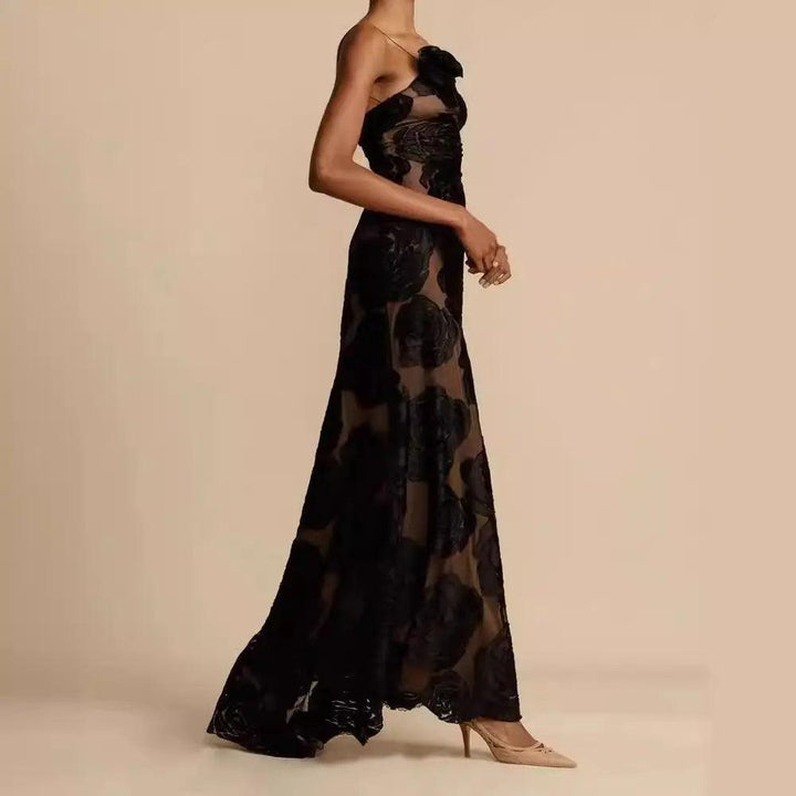 Women's Elegant One-Shoulder Maxi Dress - Floor-Length Fitted Formal Dress with Sheer Rose Detail