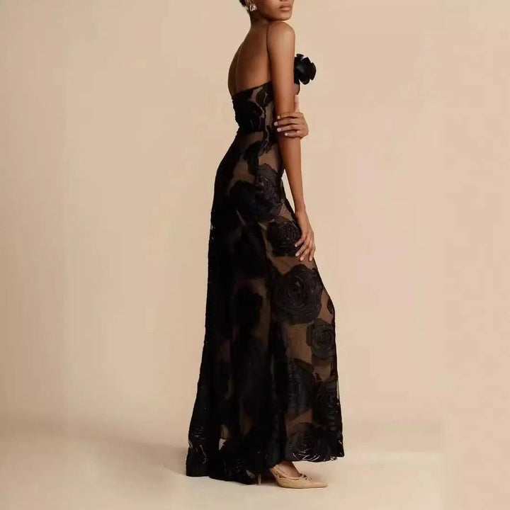 Women's Elegant One-Shoulder Maxi Dress - Floor-Length Fitted Formal Dress with Sheer Rose Detail