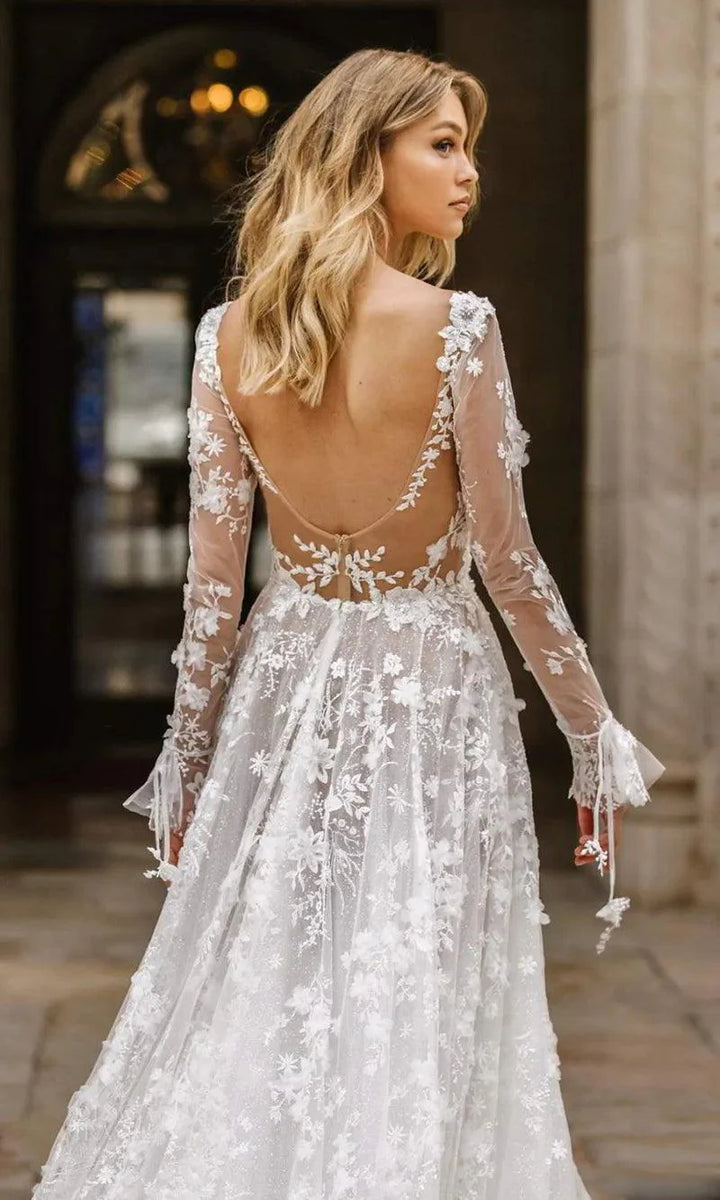 Evie | Women’s Spring White Maxi Wedding Dress with Lace Sleeves