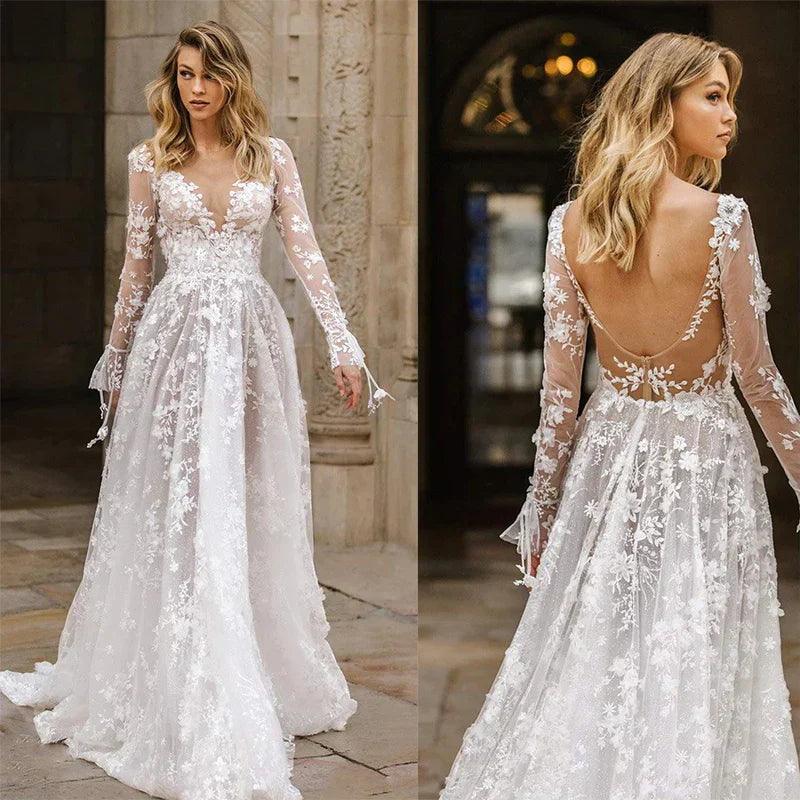 Evie | Women’s Spring White Maxi Wedding Dress with Lace Sleeves